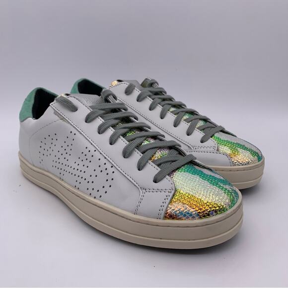 P448 John Women's White Leather Glitter Camo Iridescent Sneakers - Size: EUR 36 - Picture 6 of 15